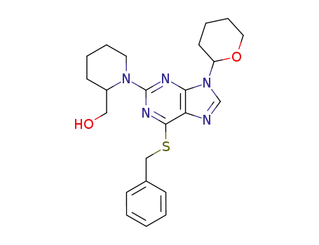 Molecular Structure of 403620-91-7 (2-Piperidinemethanol,
1-[6-[(phenylmethyl)thio]-9-(tetrahydro-2H-pyran-2-yl)-9H-purin-2-yl]-)