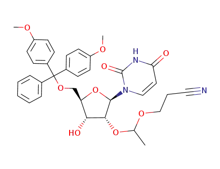 Molecular Structure of 828247-82-1 (Uridine,
5'-O-[bis(4-methoxyphenyl)phenylmethyl]-2'-O-[1-(2-cyanoethoxy)ethyl]-)