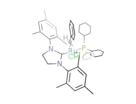Molecular Structure of 246047-72-3 (Ruthenium,[1,3-bis(2,4,6-trimethylphenyl)-2-imidazolidinylidene]dichloro(phenylmethylene)(tricyclohexylphosphine)-,(SP-5-41)-)