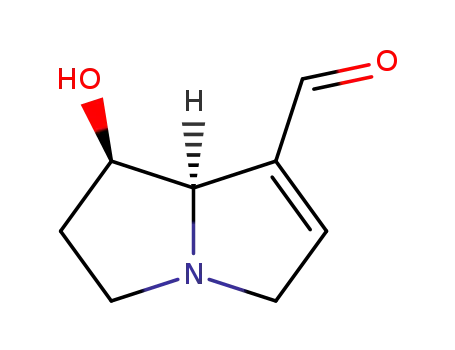 Molecular Structure of 154922-76-6 (1H-Pyrrolizine-7-carboxaldehyde, 2,3,5,7a-tetrahydro-1-hydroxy-, (1R-trans)- (9CI))