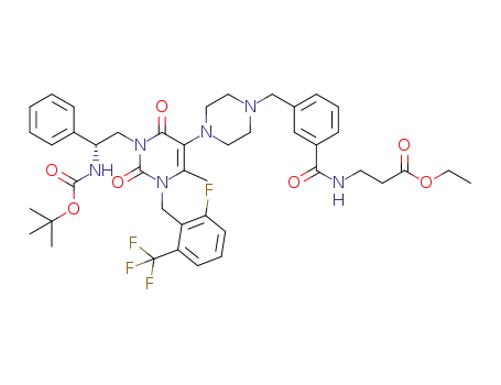 (R)-ethyl 3-(3-((4-(3-(2-((tert-butoxycarbonyl)amino)-2-phenylethyl)-1-(2-fluoro-6-(trifluoromethyl)benzyl)-6-methyl-2,4-dioxo-1,2,3,4-tetrahydropyrimidin-5-yl)piperazin-1-yl)methyl)benzamido)propanoate