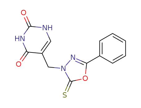 Molecular Structure of 84345-65-3 (2,4(1H,3H)-Pyrimidinedione,
5-[(5-phenyl-2-thioxo-1,3,4-oxadiazol-3(2H)-yl)methyl]-)