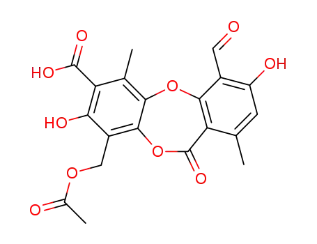 Molecular Structure of 90689-60-4 (11H-Dibenzo[b,e][1,4]dioxepin-7-carboxylicacid, 9-[(acetyloxy)methyl]-4-formyl-3,8-dihydroxy-1,6-dimethyl-11-oxo-)