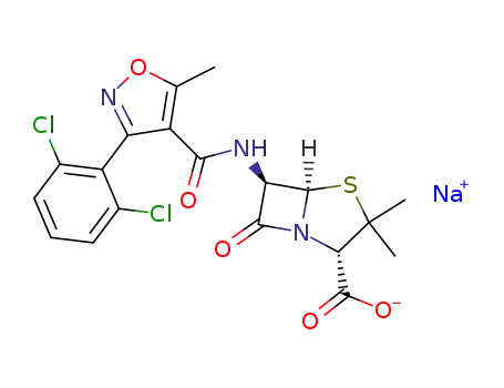Molecular Structure of 343-55-5 (sodium [2S-(2alpha,5alpha,6beta)]-6-[[[3-(2,6-dichlorophenyl)-5-methylisoxazol-4-yl]carbonyl]amino]-3,3-dimethyl-7-oxo-4-thia-1-azabicyclo[3.2.0]heptane-2-carboxylate    ??? [3.2.0]???)