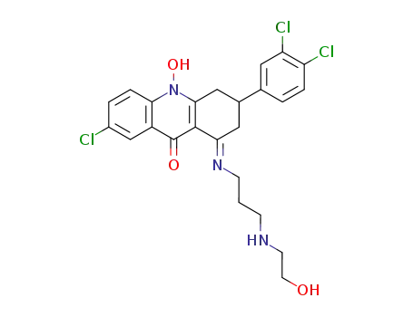 Molecular Structure of 80092-44-0 (9(2H)-Acridinone,
7-chloro-3-(3,4-dichlorophenyl)-1,3,4,10-tetrahydro-10-hydroxy-1-[[3-[(2
-hydroxyethyl)amino]propyl]imino]-)