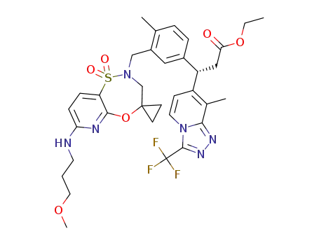 ethyl (*S)-3-(3-((7'-((3-methoxypropyl)amino)-1‘,1‘-dioxidospiro[cyclopropane-1,4’-pyrido[2,3-b] [1 ,4,5]oxathiazepin]-2’(3’H)-yl)methyl)-4-methylphenyl)-3- (8-methyl-3-(trifluoromethyl)-[1,2,4]triazolo[4,3-a] pyridine-7-yl)propanoate