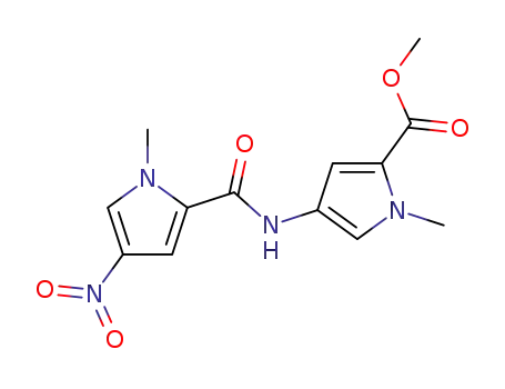 Molecular Structure of 69910-20-9 (1H-Pyrrole-2-carboxylic acid,
1-methyl-4-[[(1-methyl-4-nitro-1H-pyrrol-2-yl)carbonyl]amino]-, methyl
ester)