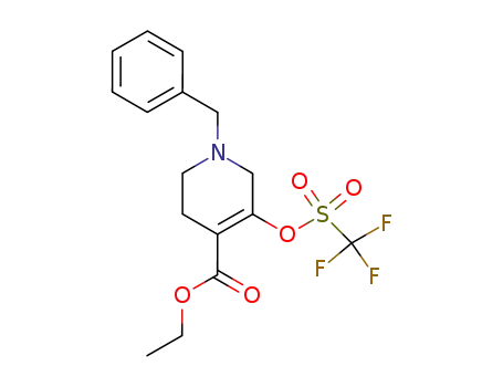Molecular Structure of 497843-21-7 (4-Pyridinecarboxylic acid,
1,2,3,6-tetrahydro-1-(phenylmethyl)-5-[[(trifluoromethyl)sulfonyl]oxy]-,
ethyl ester)
