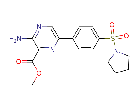Molecular Structure of 486423-09-0 (Pyrazinecarboxylic acid, 3-amino-6-[4-(1-pyrrolidinylsulfonyl)phenyl]-,
methyl ester)