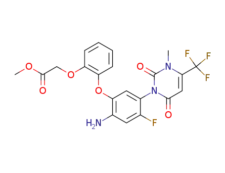 Molecular Structure of 344420-26-4 (Acetic acid,
[2-[2-amino-5-[3,6-dihydro-3-methyl-2,6-dioxo-4-(trifluoromethyl)-1(2H)-
pyrimidinyl]-4-fluorophenoxy]phenoxy]-, methyl ester)