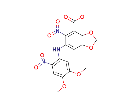 Molecular Structure of 93415-83-9 (1,3-Benzodioxole-4-carboxylic acid,
6-[(4,5-dimethoxy-2-nitrophenyl)amino]-5-nitro-, methyl ester)
