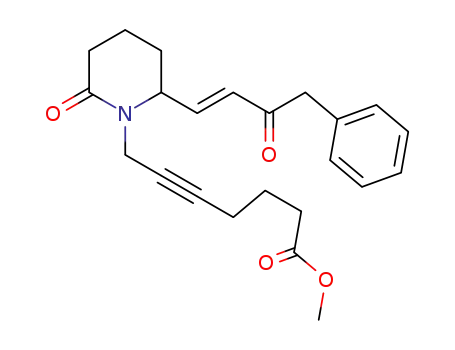 Molecular Structure of 697802-67-8 (5-Heptynoic acid,
7-[2-oxo-6-[(1E)-3-oxo-4-phenyl-1-butenyl]-1-piperidinyl]-, methyl ester)