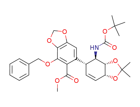 methyl 6-<(1R,4R,5S,6R)-6-<(tert-butyloxycarbonyl)amino>-4,5-(isopropylidenedioxy)-2-cyclohexen-1-yl>-4-(phenylmethoxy)-1,3-benzodioxole-5-carboxylate