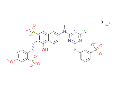 Molecular Structure of 70865-26-8 (trisodium 7-[[4-chloro-6-[(3-sulphonatophenyl)amino]-1,3,5-triazin-2-yl]methylamino]-4-hydroxy-3-[(4-methoxy-2-sulphonatophenyl)azo]naphthalene-2-sulphonate)