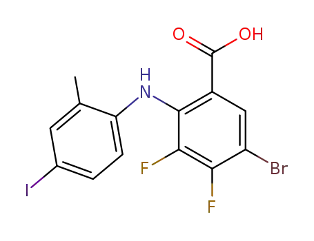 Molecular Structure of 212628-46-1 (Benzoic acid, 5-bromo-3,4-difluoro-2-[(4-iodo-2-methylphenyl)amino]-)