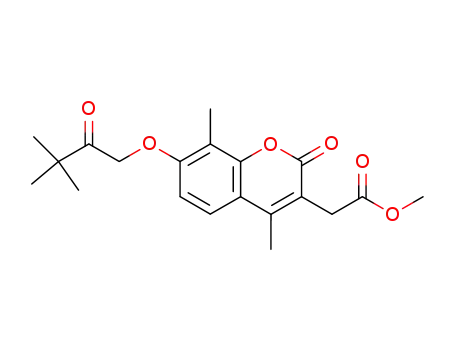 Molecular Structure of 664365-86-0 (2H-1-Benzopyran-3-acetic acid,
7-(3,3-dimethyl-2-oxobutoxy)-4,8-dimethyl-2-oxo-, methyl ester)