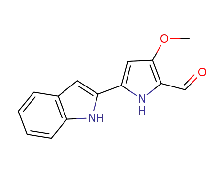 Molecular Structure of 803712-70-1 (5-(1H-indol-2-yl)-3-Methoxy-1H-pyrrole-2-carbaldehyde, 3-Methoxy-5-indol-2-yl-1H-pyrrole-2-carbaldehyde, 5-indolyl-3-Methoxypyrrole-2-carboxaldehyde)