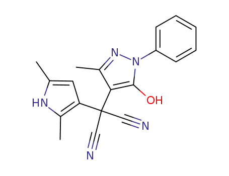 Molecular Structure of 137123-48-9 (Propanedinitrile,
(2,5-dimethyl-1H-pyrrol-3-yl)(5-hydroxy-3-methyl-1-phenyl-1H-pyrazol-4-
yl)-)