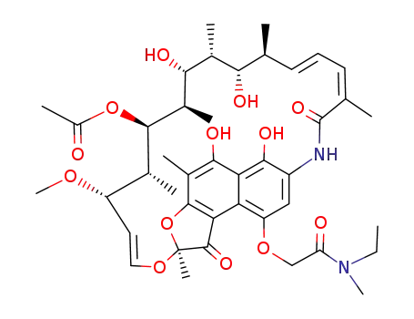 Molecular Structure of 17607-34-0 ((14E,24E)-9-{2-[ethyl(methyl)amino]-2-oxoethoxy}-5,6,17,19-tetrahydroxy-23-methoxy-2,4,12,16,18,20,22-heptamethyl-1,11-dioxo-1,2-dihydro-2,7-(epoxypentadeca[1,11,13]trienoimino)naphtho[2,1-b]furan-21-yl acetate)