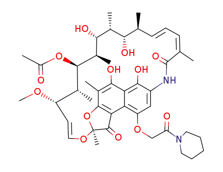 Molecular Structure of 14487-04-8 ((14E,24E)-5,6,17,19-tetrahydroxy-23-methoxy-2,4,12,16,18,20,22-heptamethyl-1,11-dioxo-9-(2-oxo-2-piperidin-1-ylethoxy)-1,2-dihydro-2,7-(epoxypentadeca[1,11,13]trienoimino)naphtho[2,1-b]furan-21-yl acetate)