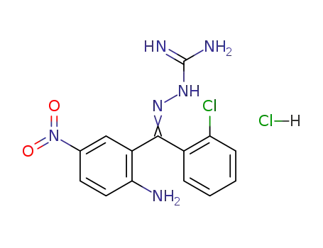 Molecular Structure of 136623-22-8 (Hydrazinecarboximidamide,
2-[(2-amino-5-nitrophenyl)(2-chlorophenyl)methylene]-,
monohydrochloride)