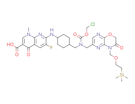 7-(((1r,4r)-4-((((chloromethoxy)carbonyl)((3-oxo-4-((2-(trimethylsilyl)ethoxy)methyl)-3,4-dihydro-2H-pyrazino[2,3-b][1,4]oxazin-6-yl)methyl)amino)methyl)cyclohexyl)amino)-6-fluoro-1-methyl-4-oxo-1,4-dihydro-1,8-naphthyridine-3-carboxylic acid