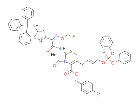 (6R,7R)-3-[(E)-4-(Diphenoxy-phosphoryloxy)-but-2-enyl]-7-{2-[(Z)-fluoromethoxyimino]-2-[5-(trityl-amino)-[1,2,4]thiadiazol-3-yl]-acetylamino}-8-oxo-5-thia-1-aza-bicyclo[4.2.0]oct-2-ene-2-carboxylic acid 4-methoxy-benzyl ester