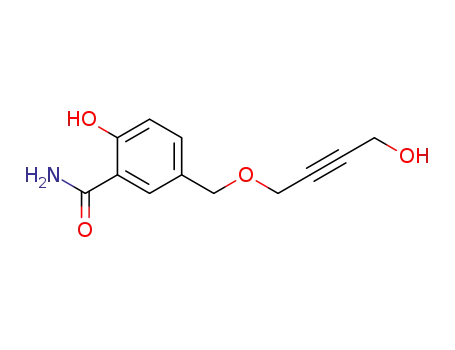 Molecular Structure of 636595-52-3 (Benzamide, 2-hydroxy-5-[[(4-hydroxy-2-butynyl)oxy]methyl]-)