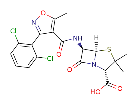 Molecular Structure of 3116-76-5 (4-Thia-1-azabicyclo[3.2.0]heptane-2-carboxylicacid,6-[[[3-(2,6-dichlorophenyl)-5-methyl-4-isoxazolyl]carbonyl]amino]-3,3-dimethyl-7-oxo-,(2S,5R,6R)-)