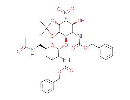 {(3aS,4R,5S,7R)-4-[(2R,3R,6S)-6-(Acetylamino-methyl)-3-benzyloxycarbonylamino-tetrahydro-pyran-2-yloxy]-6-hydroxy-2,2-dimethyl-7-nitro-hexahydro-benzo[1,3]dioxol-5-yl}-carbamic acid benzyl ester