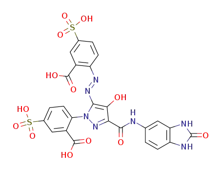 5-(2'-carboxy-4'-sulphophenyl)azo-1-(2'-carboxy-4'-sulphophenyl)-4-hydroxy-3-[N-(2'-oxobenzimidazol-5'-yl)carboxamide]pyrazole