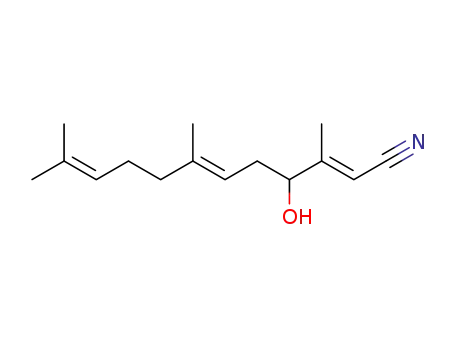 Molecular Structure of 93040-86-9 (2,6,10-Dodecatrienenitrile, 4-hydroxy-3,7,11-trimethyl-, (E,E)-)