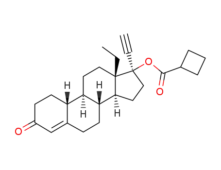 Molecular Structure of 86679-36-9 (13-ethyl-17alpha-hydroxy-18,19-dinorpregn-4-en-20-yn-3-one cyclobutanecarboxylate)