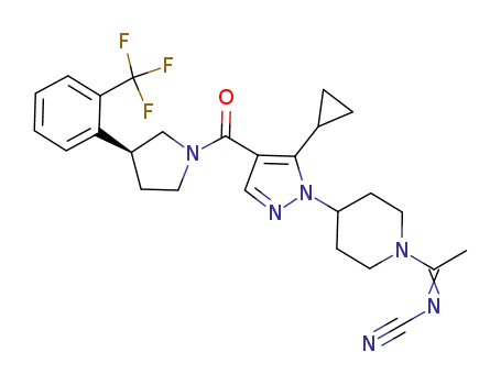 Molecular Structure of 916829-30-6 (Cyanamide,
N-[1-[4-[5-cyclopropyl-4-[[(3S)-3-[2-(trifluoromethyl)phenyl]-1-pyrrolidinyl
]carbonyl]-1H-pyrazol-1-yl]-1-piperidinyl]ethylidene]-)