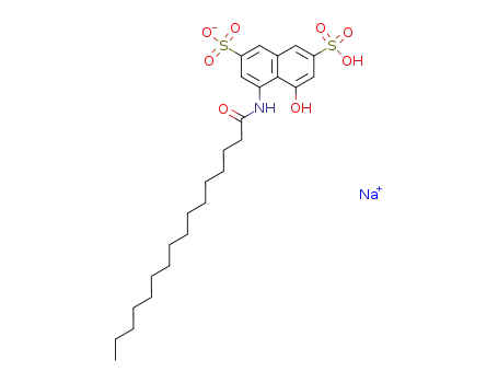 Molecular Structure of 130798-63-9 (2,7-Naphthalenedisulfonicacid, 4-hydroxy-5-[(1-oxohexadecyl)amino]-, sodium salt (1:1))