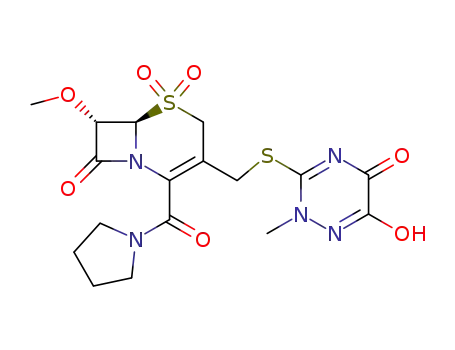Molecular Structure of 119742-06-2 (3-({[(6R,7S)-7-methoxy-5,5-dioxido-8-oxo-2-(pyrrolidin-1-ylcarbonyl)-5-thia-1-azabicyclo[4.2.0]oct-2-en-3-yl]methyl}sulfanyl)-2-methyl-1,2-dihydro-1,2,4-triazine-5,6-dione)