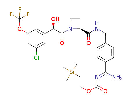 Molecular Structure of 433938-50-2 (Carbamic acid,
[[4-[[[[(2S)-1-[(2R)-[3-chloro-5-(trifluoromethoxy)phenyl]hydroxyacetyl]-2-
azetidinyl]carbonyl]amino]methyl]phenyl]iminomethyl]-,
2-(trimethylsilyl)ethyl ester)