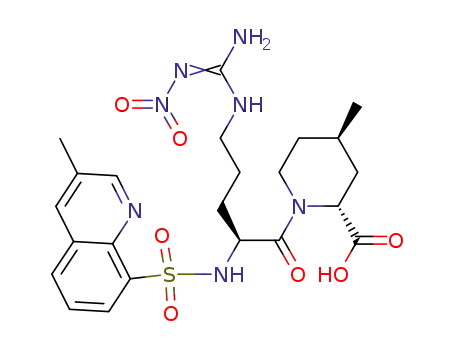 C23H31N7O7S  74874-10-5  2-PIPERIDINECARBOXYLIC ACID, 1-[5-[IMINO(NITROAMINO)METHYL]AMINO]-2-[[(3-METHYL-8-QUINOLINYL)SULFONYL]AMINO]-1-OXOPENTYL]-4-METHYL-,[2R-[1(S*), 2ALPHA, 4BETA]]-