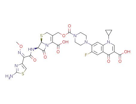 Molecular Structure of 135312-05-9 (7-[4-({[(6R,7R)-7-{[(2E)-2-(2-amino-1,3-thiazol-4-yl)-2-(methoxyimino)acetyl]amino}-2-carboxy-8-oxo-5-thia-1-azabicyclo[4.2.0]oct-2-en-3-yl]methoxy}carbonyl)piperazin-1-yl]-1-cyclopropyl-6-fluoro-4-oxo-1,4-dihydroquinoline-3-carboxylic acid)