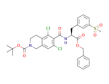 Molecular Structure of 1194550-61-2 (2(1H)-Isoquinolinecarboxylic acid, 5,7-dichloro-3,4-dihydro-6-[[[(1S)-1-[[3-(methylsulfonyl)phenyl]methyl]-2-oxo-2-(phenylmethoxy)ethyl]amino]carbonyl]-, 1,1-dimethylethyl ester)