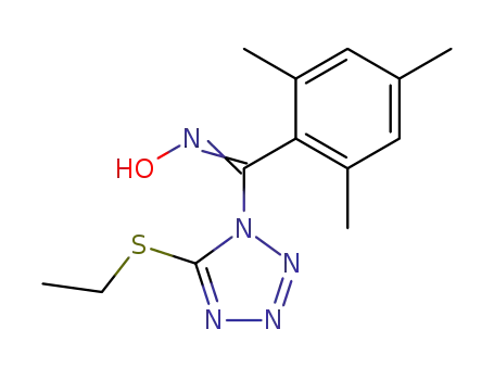 Molecular Structure of 114006-53-0 (1H-Tetrazole,
5-(ethylthio)-1-[(hydroxyimino)(2,4,6-trimethylphenyl)methyl]-)