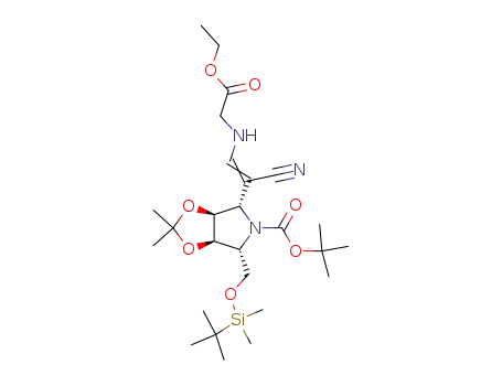 Molecular Structure of 222631-11-0 (5H-1,3-Dioxolo4,5-cpyrrole-5-carboxylic acid, 4-1-cyano-2-(2-ethoxy-2-oxoethyl)aminoethenyl-6-(1,1-dimethylethyl)dimethylsilyloxymethyltetrahydro-2,2-dimethyl-, 1,1-dimethylethyl ester, (3aS,4S,6R,6aR)-)