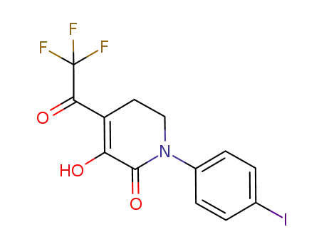 Molecular Structure of 503615-04-1 (2(1H)-Pyridinone,
5,6-dihydro-3-hydroxy-1-(4-iodophenyl)-4-(trifluoroacetyl)-)