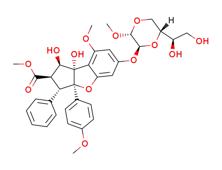 Molecular Structure of 697235-38-4 ((1R,2R,3S,3aR,8bS)-6-[[(2S,3R,6R)-6-[(1R)-1,2-Dihydroxyethyl]-3-methoxy-1,4-dioxan-2-yl]oxy]-2,3,3a,8b-tetrahydro-1,8b-dihydroxy-8-methoxy-3a-(4-methoxyphenyl)-3-phenyl-1H-cyclopenta[b]benzofuran-2-carboxylic acid methyl ester)