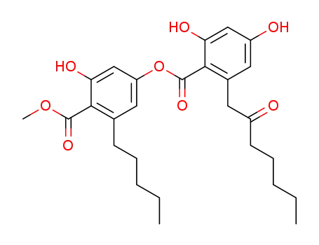 Molecular Structure of 19314-71-7 (2,4-Dihydroxy-6-(2-oxoheptyl)benzoic acid 3-hydroxy-4-(methoxycarbonyl)-5-pentylphenyl ester)
