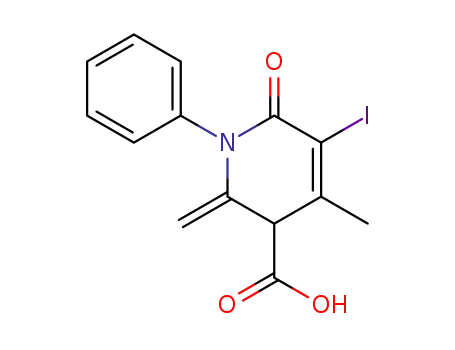 Molecular Structure of 65933-90-6 (3-Pyridinecarboxylic acid,
1,2,3,6-tetrahydro-5-iodo-4-methyl-2-methylene-6-oxo-1-phenyl-)