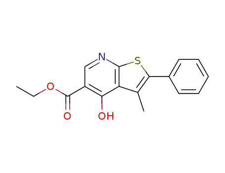 Molecular Structure of 174072-80-1 (Thieno[2,3-b]pyridine-5-carboxylic acid, 4-hydroxy-3-methyl-2-phenyl-,
ethyl ester)