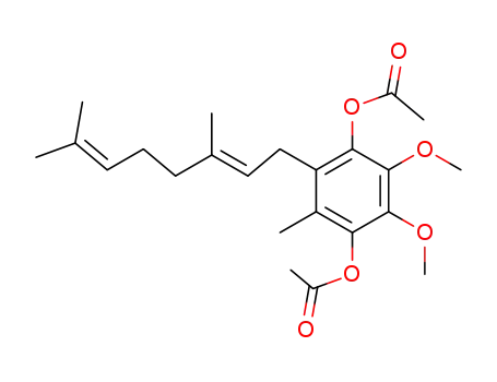 Molecular Structure of 52117-20-1 (1,4-Benzenediol,
2-[(2E)-3,7-dimethyl-2,6-octadienyl]-5,6-dimethoxy-3-methyl-, diacetate)