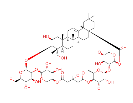 Molecular Structure of 124275-97-4 (Olean-12-en-28-oicacid, 3-[[2-O-[4-O-(4-carboxy-3-hydroxy-3-methyl-1-oxobutyl)-a-L-arabinopyranosyl]-b-D-glucopyranosyl]oxy]-2,23-dihydroxy-,28-[2-O-(6-deoxy-a-L-mannopyranosyl)-a-L-arabinopyranosyl] ester,intramol. 4''(3)®4''(28)-ester,(2b,3b,4a)-)
