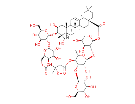 Molecular Structure of 123714-91-0 (Olean-12-en-28-oicacid, 3-[[2-O-[6-O-(4-carboxy-3-hydroxy-3-methyl-1-oxobutyl)-b-D-galactopyranosyl]-b-D-glucopyranosyl]oxy]-2,23-dihydroxy-,28-(O-b-D-glucopyranosyl-(1®3)-O-6-deoxy-a-L-mannopyranosyl-(1®2)-a-L-arabinopyranosyl) ester, intramol. 6''(3)®4''(28)-ester, (2b,3b,4a)-)